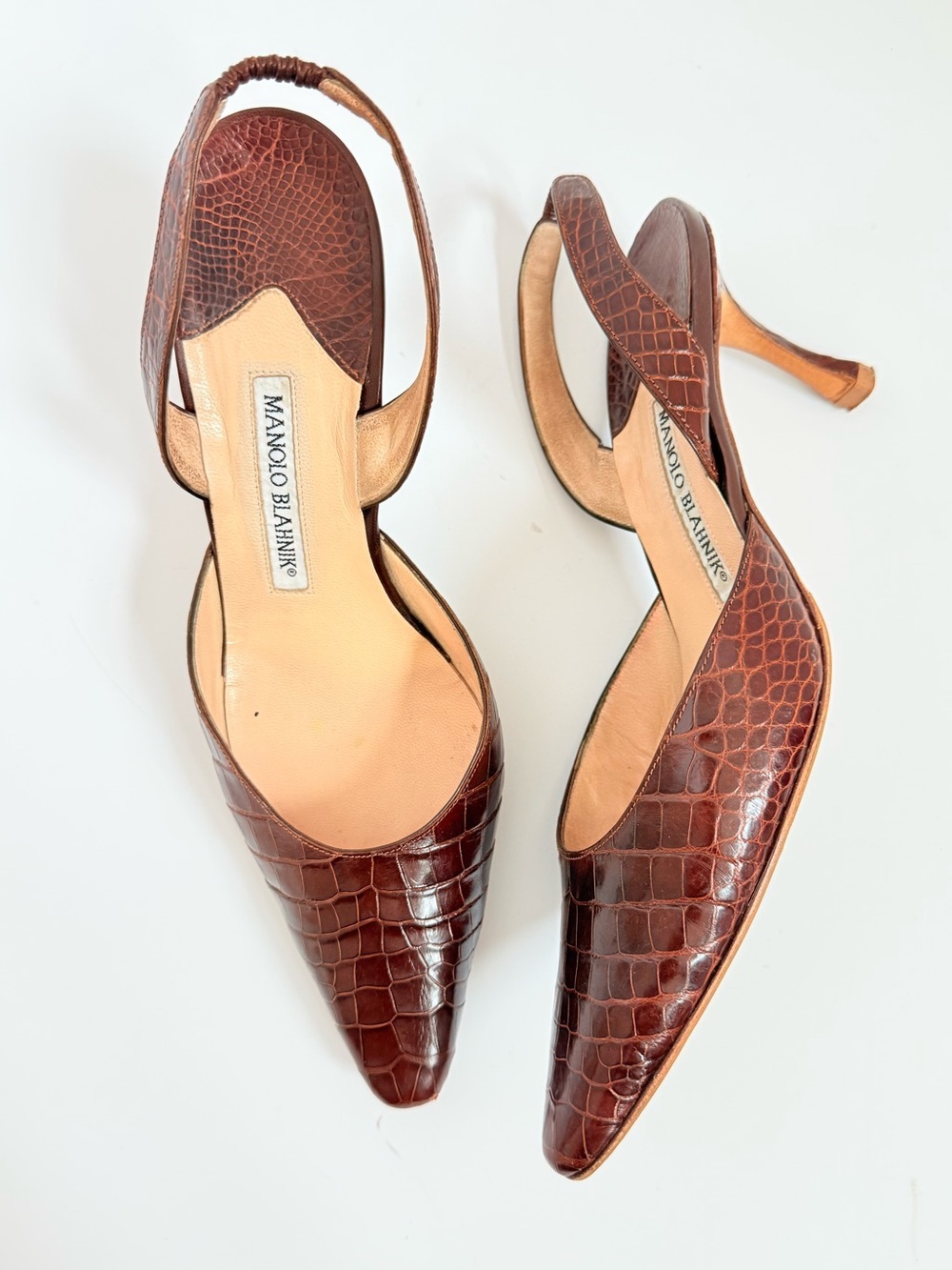 Vintage Manolo Blahnik Carolyne Alligator Leather Slingback Pumps Brown EU 39